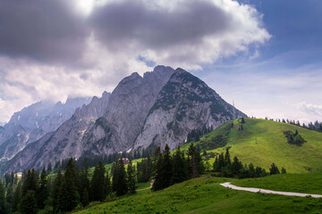 Donnerkogel Mountain in Alps, Gosau, Gmunden district, Upper Austria federal state, cloudy summer day