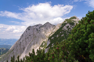 Donnerkogel Mountain in Alps, Gosau, Gmunden district, Upper Austria federal state, cloudy summer day