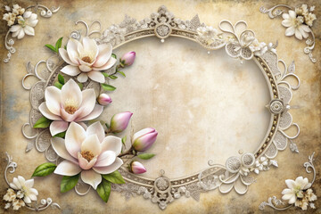 Vintage Victorian style floral frames with white magnolia. Festive vintage textured background perfect for wedding invitations, anniversaries, celebrations to add romantic elegance to your designs