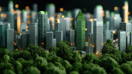 Modern city skyline with greenery and skyscrapers illuminated at night.