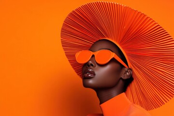 Fashion model wearing orange sunglasses and hat posing on orange background © Papukos