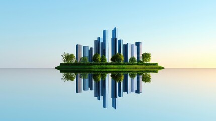 Fototapeta premium Modern skyline reflecting on still water, surrounded by greenery under a clear sky.