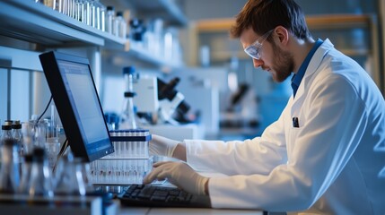 Scientist conducting research in a laboratory setting, focusing on experiments with test tubes and computer analysis