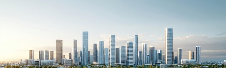 Fototapeta premium Modern city skyline with skyscrapers reflecting on the water under a clear sky.