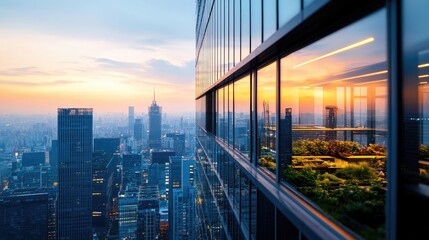 Obraz premium Modern architecture with a city skyline and green rooftop garden during sunset.