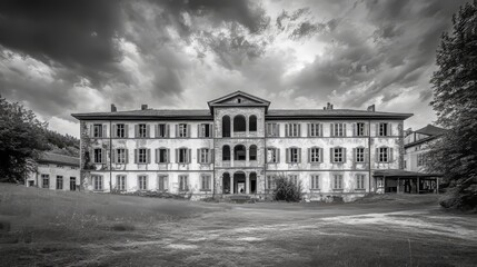 Dark and haunting black and white photograph of an abandoned factory with gothic architecture, showing a post-apocalyptic landscape, destruction, and industrial decay in a scary and eerie setting