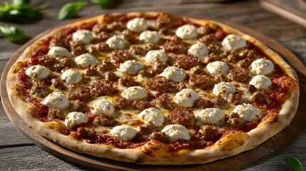 Delicious pizza with meat and cheese, freshly baked on a wooden board.