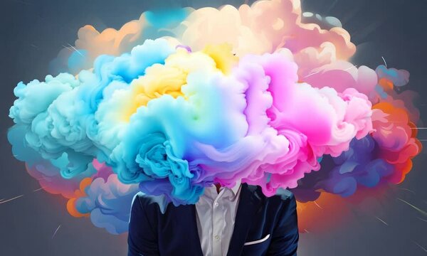 business mans head in a colorful cloud creative idea concept animation