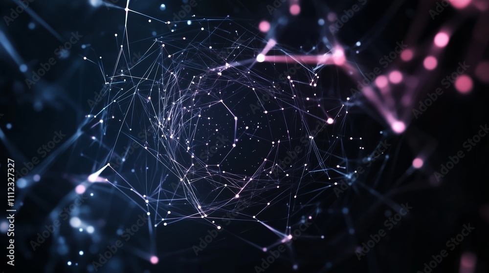 Poster digital network visualization showcases a web of interconnected points and lines in a futuristic set