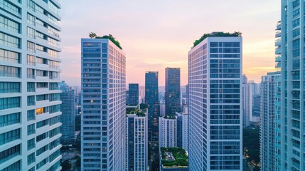 Obraz premium Modern skyscrapers against a vibrant sunset sky, cityscape view with glass facades.