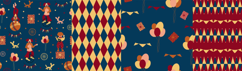 Set of seamless pattern. Colorful circus background, funny clowns, jugglers, acrobats, cheerful carnival