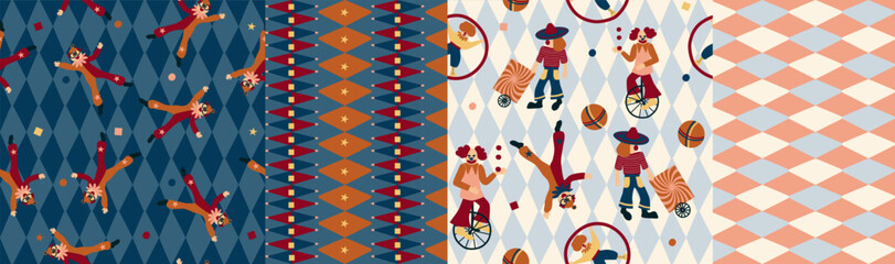 Set of seamless pattern. Colorful circus background, funny clowns, jugglers, acrobats, cheerful carnival