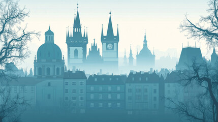 Obraz premium Stunning Prague city skyline with silhouette of iconic cathedral landmarks, showcasing the beauty of Czech architecture against a vibrant sky. Ideal for travel, tourism, and European city concepts