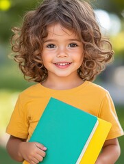 Obraz premium A cheerful child holding a brightly colored folder
