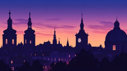 Stunning Prague city skyline with silhouette of iconic cathedral landmarks, showcasing the beauty of Czech architecture against a vibrant sky. Ideal for travel, tourism, and European city concepts