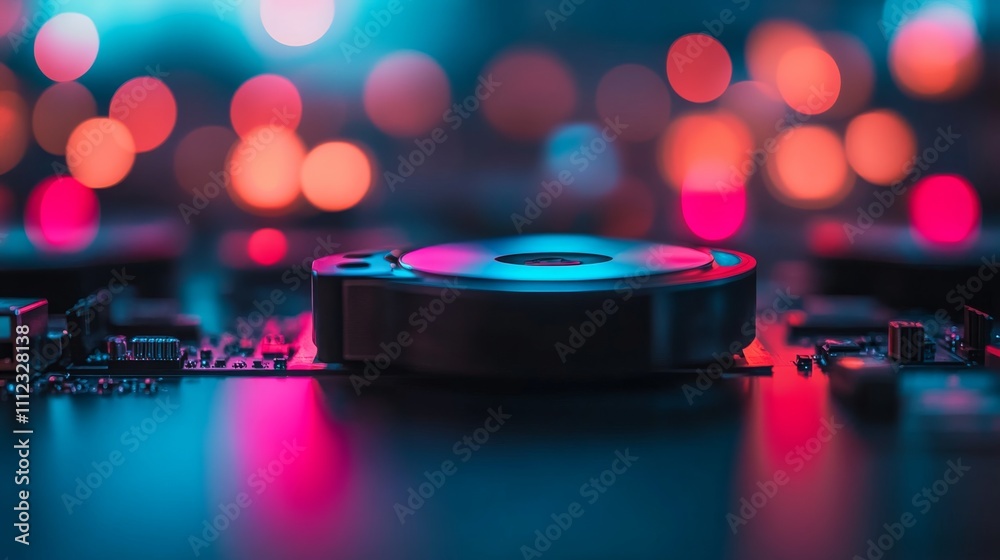Fototapete A close-up captures a glowing computer hard drive highlighted in neon blue, reflecting pink hues, with blurred circuitry creating a dynamic tech atmosphere