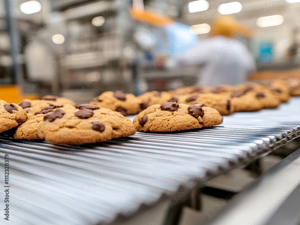 Poster A close-up of a row of cookies moving along a conveyor belt in a busy factory, showcasing the process of mass production with a blurred background