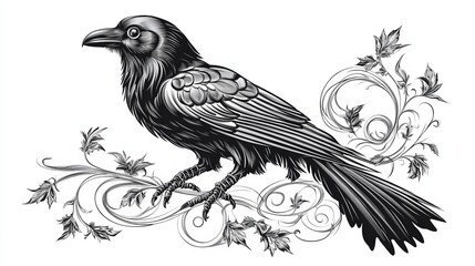 Fototapeta premium Intricate vector illustration of a gothic raven perched on textured vines, blending dark symbolism with nature's beauty in a mysterious artistic design, perfect for horror, fantasy, gothic art themes
