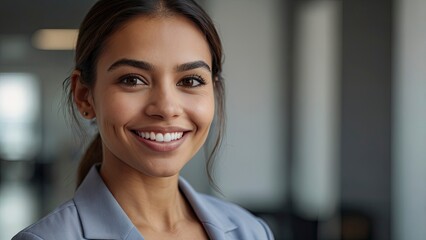 Fototapeta premium portrait of a smiling businesswoman,eadshot_close_up_face_portrait_of_young_happy,generative ai