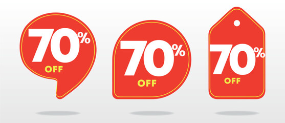 70% discount. Red price tag. Coupon, voucher. Creative design poster, marketing. Sale special offer. Advertising campaign, retail, sticker, announcement. Online shop, value, percent. Set, vector