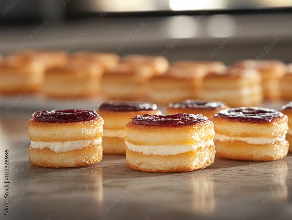 Poster Assorted cronuts filled with rich creams and jams are displayed on a marble countertop, showcasing intricate layers and tempting textures in a delightful arrangement
