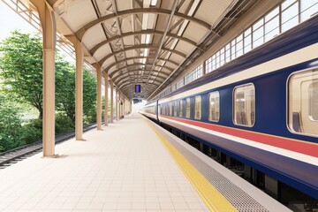 A modern train station platform with a colorful train, featuring spacious architecture and greenery in the background.