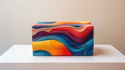 A stylish gift cardbox featuring a modern, abstract design with vibrant colors, beautifully displayed on a white table against a pure white background