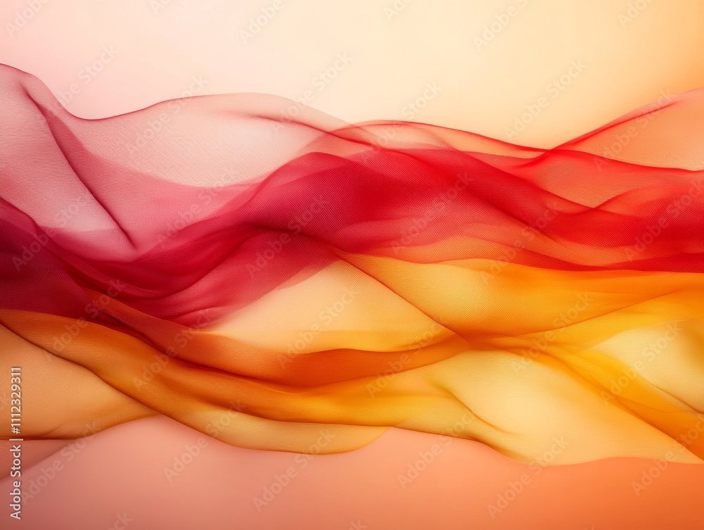 Leinwandbilder Translucent fabric in shades of red and yellow billows elegantly, layered with leaf patterns, against a soft gradient backdrop with space for text on the side