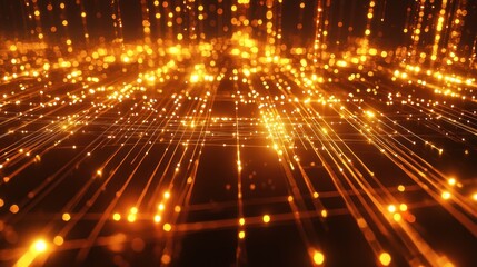 Naklejka premium Dynamic golden light particles abstract space digital artwork futuristic environment wide angle view