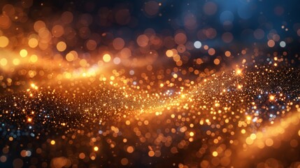 Fototapeta premium Abstract golden and blue bokeh lights, glittering particles flowing in wave motion.