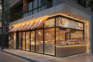 A bakery with a large window display of pastries and cakes