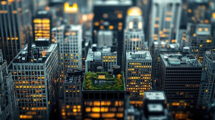 Obraz premium Aerial view of a city skyline with green rooftop on a modern building.