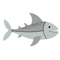 Cute gray fish. Flat cartoon underwater character. Marine animals. Inhabitant of the sea