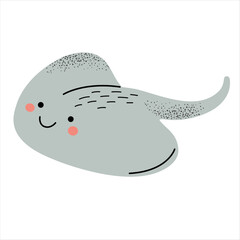 Cute stingray fish. Flat cartoon underwater character. Marine animals. Inhabitant of the sea