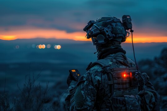 A military reconnaissance operative uses advanced technology to gather intelligence in the field. Equipped with night vision goggles, the drone controller