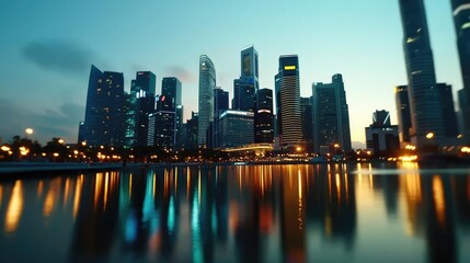 Fototapeta premium City skyline at dusk reflecting on water, vibrant lights and modern architecture.