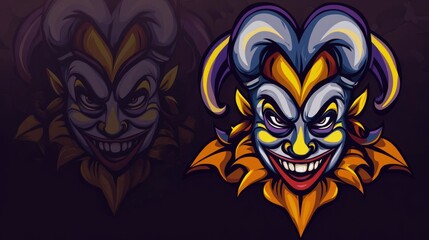Obraz premium A colorful jester mask with exaggerated features and a sinister smile, set against a dark background.