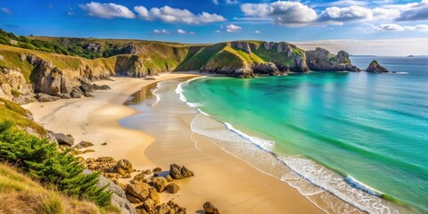 Beautiful sandy beach surrounded by rocky cliffs and clear blue waters in Plage de Lostmarc'h, Crozon