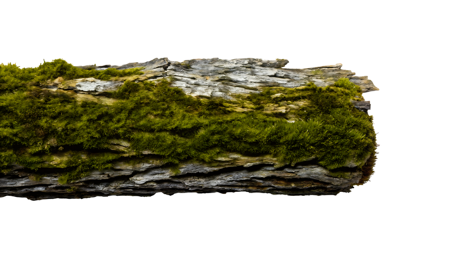 Moss covered rotten wood on white background.AI GENERATED