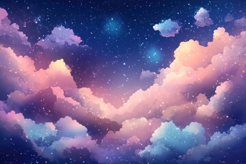 Fototapeta premium Magical night sky with pastel clouds, sparkling stars, glowing l