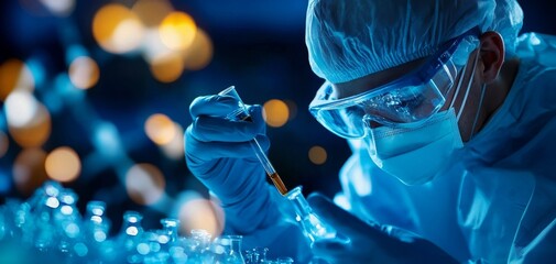 A scientist in protective gear conducts a laboratory experiment, focusing on precision and safety amidst a backdrop of glowing elements.