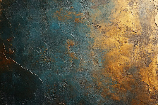 A textured abstract surface in blue and gold tones with rough patterns and metallic highlights creating depth  
