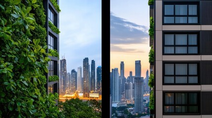 Modern buildings with green walls against a city skyline at sunset.