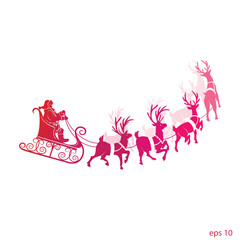 Santa Claus rides on a sleigh pulled by reindeer and rings bells. Vector template