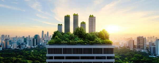Fototapeta premium Modern green building with plants and skyline at sunset, urban sustainability concept.