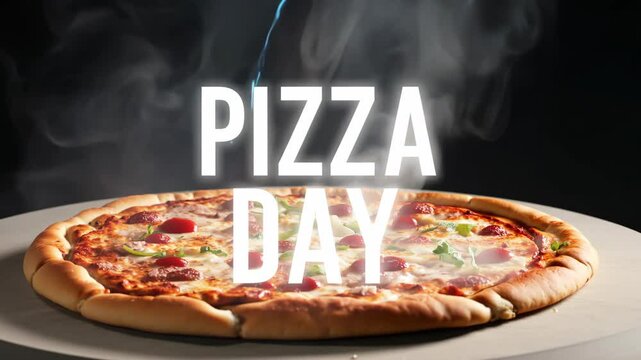 A pizza is on a table with the words Pizza Day written above it. The pizza is covered in cheese and has pepperoni on it