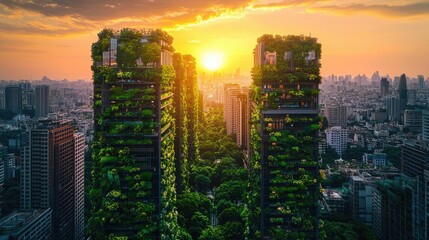 Obraz premium Skyline of green buildings at sunset in a vibrant urban setting.