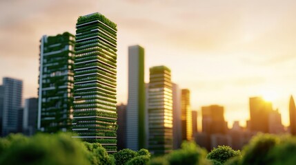 Fototapeta premium Modern green skyscrapers bathed in sunset light, surrounded by lush greenery.