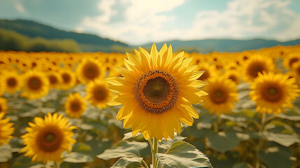 Obraz premium A vast sunflower field glowing under the golden hour sunlight with a serene mountain backdrop.