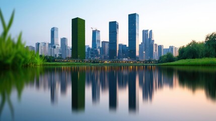 Modern city skyline at sunset with reflections in calm water.